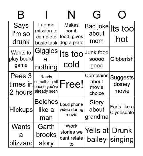 Drunk Nikki bingo Card