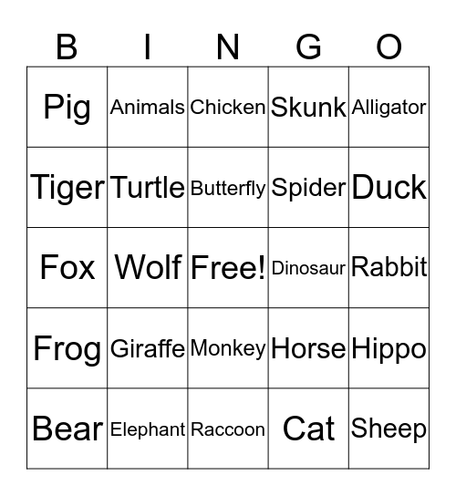 ASL Animal Bingo Card