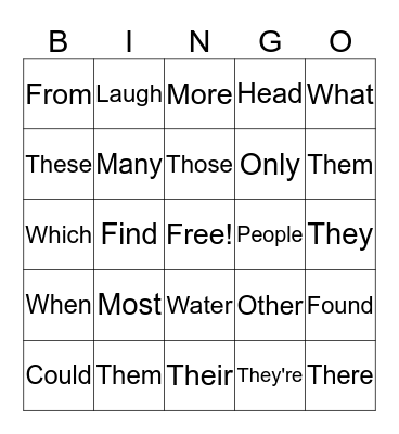 Sight Words Bingo Card