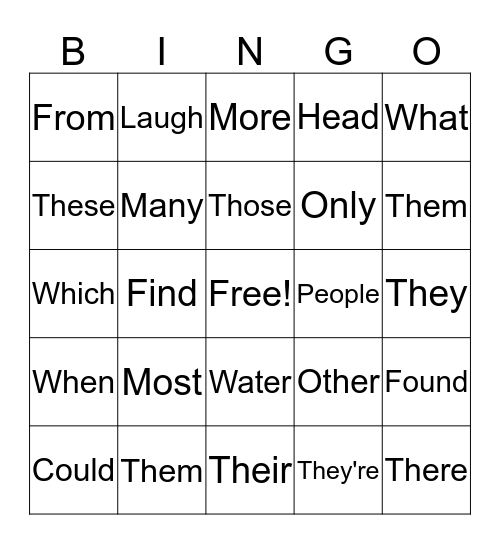 Sight Words Bingo Card