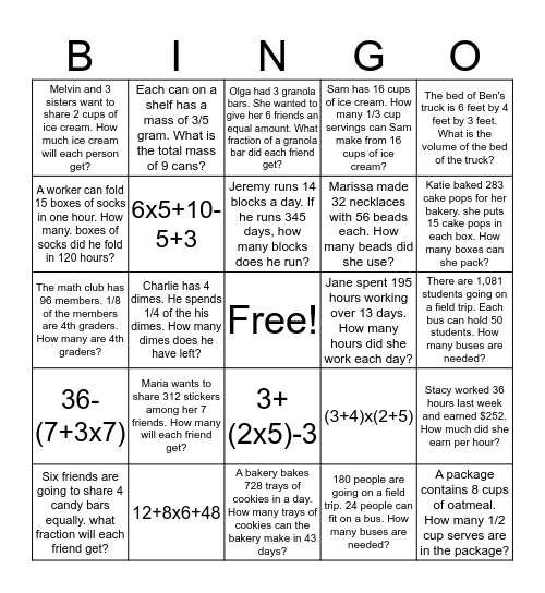 Winter Break Math BINGO Challenge Bingo Card