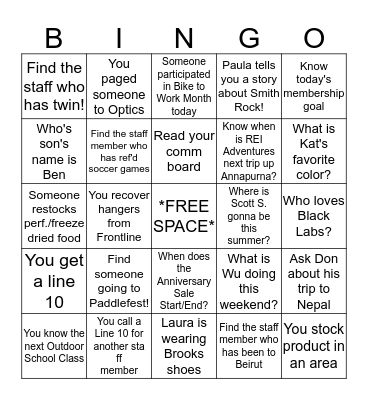 Thursday REI Bingo Card