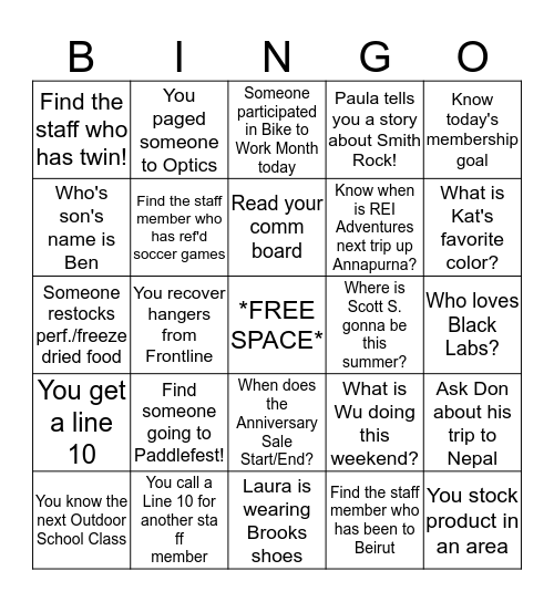 Thursday REI Bingo Card