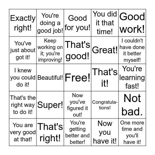 101 Ways to Say "Good Job" Bingo Card