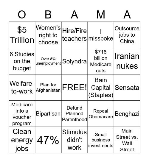 10/16 Presidential Debate Bingo Card