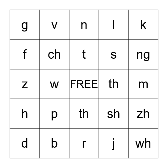 Consonant Bingo Card