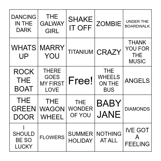 ROBBIES SONGS Bingo Card