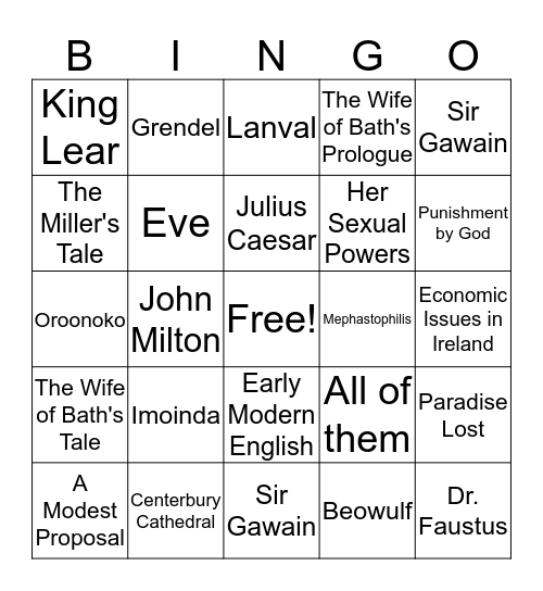 Brit Lit Bingo Trivia  Bingo Card