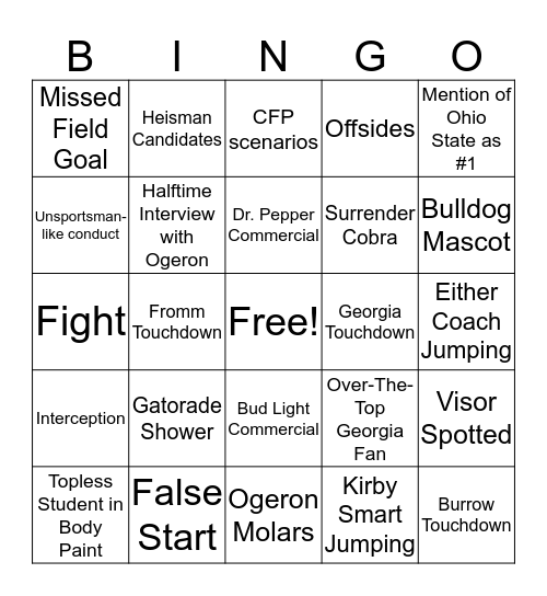 SEC Championship Bingo Card