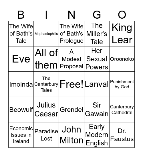 Brit Lit Bingo Trivia  Bingo Card