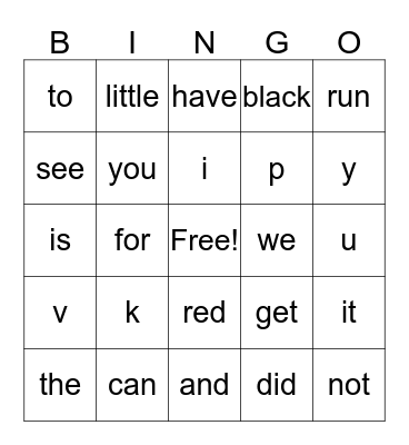 Sight Words/alphabet Bingo Card