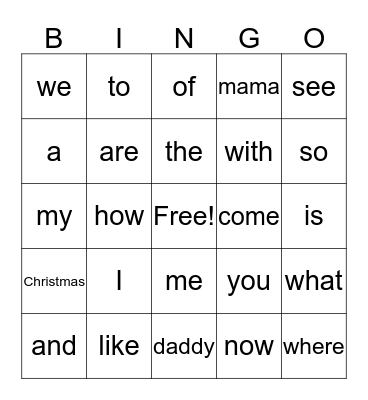 Sight Words Bingo Card