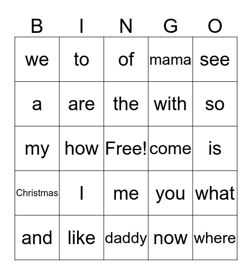 Sight Words Bingo Card