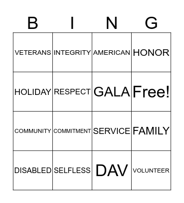 DAV Holiday Bingo Card