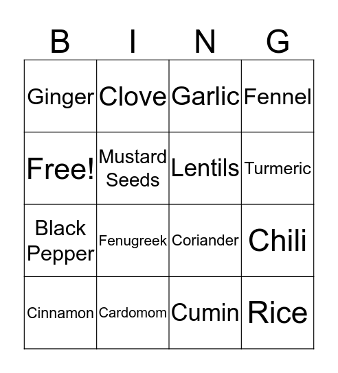 Spices BINGO Card