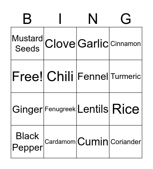 Spices Bingo Card