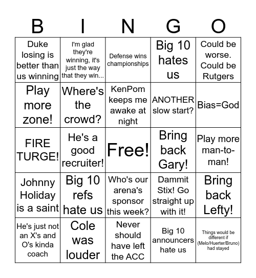 Terps Men's Basketball Bingo Card