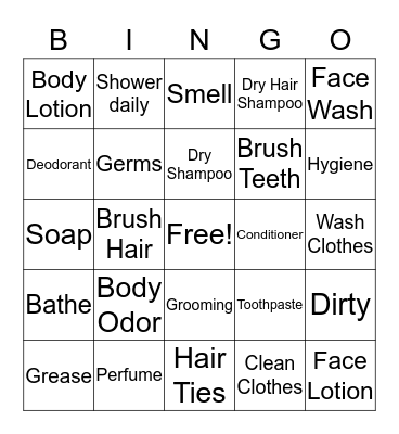 Personal Hygiene Bingo Card