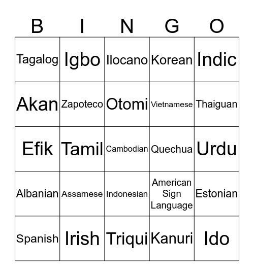 Language Access Services Bingo Card