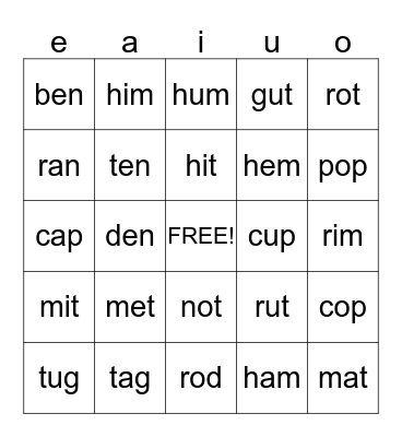Short Vowels Bingo Card
