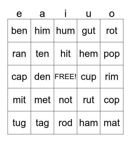 Short Vowels Bingo Card