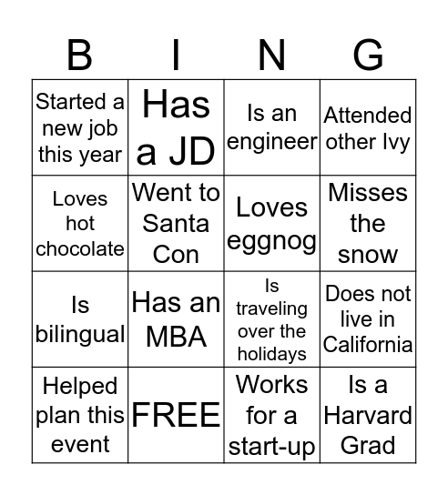 Ivy League Holiday Party Bingo Card