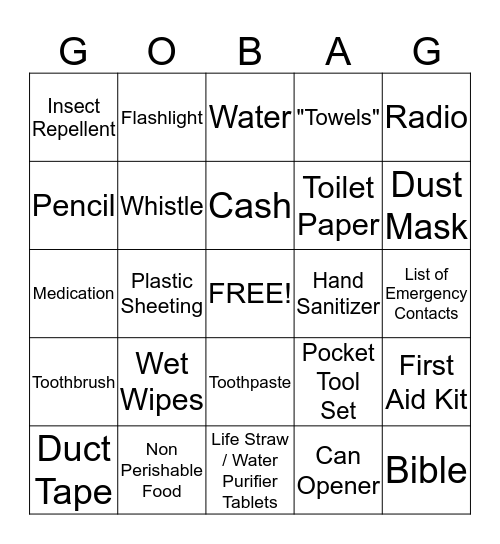 Only cross off words called that you already have in you "Go Bag"! Circle the words called that you don't have! Bingo Card