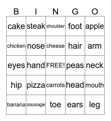 Unit 4 Lunchtime and Body Parts Bingo Card