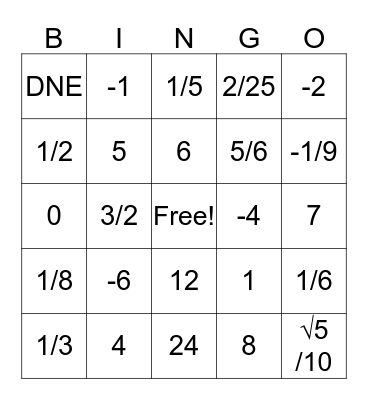 Math is Fun Bingo Card