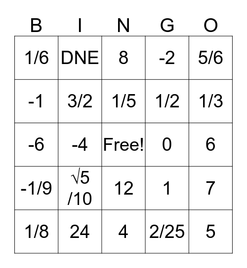 Math is Fun Bingo Card