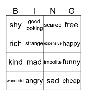 Feelings and Emotions Bingo Card