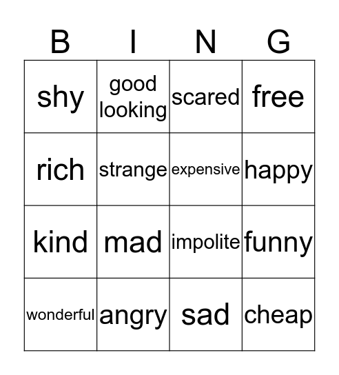 Feelings and Emotions Bingo Card