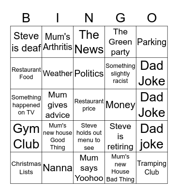 Family Dinner Bingo Card