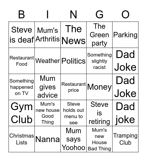 Family Dinner Bingo Card