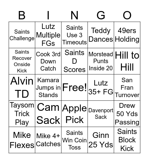 Saints VS 49ERS Bingo Card