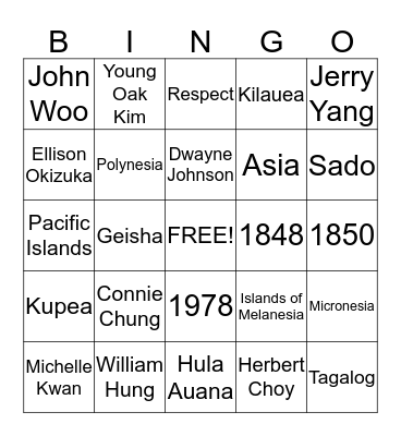 Asian Pacific Islander Heritage Month Bingo Card