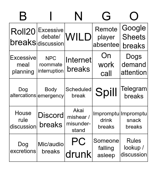 Disrupted Tabletop Session Bingo Card