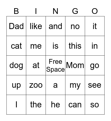 Sight Word Bingo Card