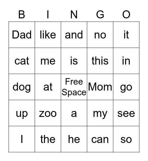 Sight Word Bingo Card
