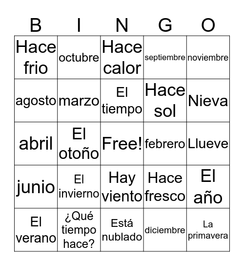 Tiempo y Meses Bingo Card