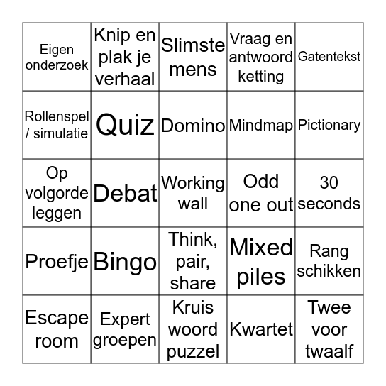 Welke activerende werkvormen kun je vinden??? Bingo Card