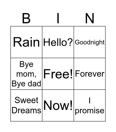 inside out Bingo Card