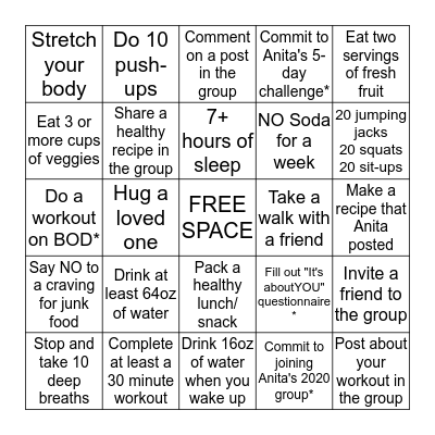 Health & Fitness Bingo with Anita Bingo Card