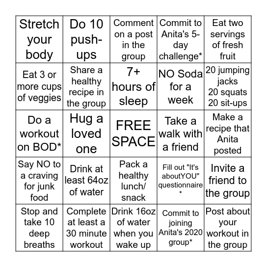 Health & Fitness Bingo with Anita Bingo Card