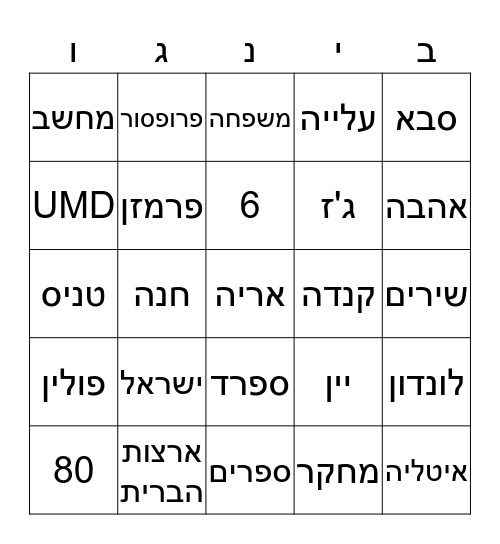 בינגו אריה Bingo Card