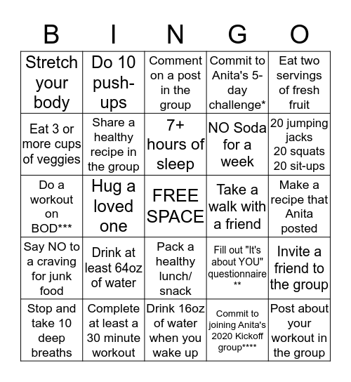 Health & Fitness Bingo with Anita Bingo Card