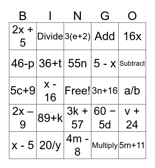 Translating Algebraic Phrases  Bingo Card