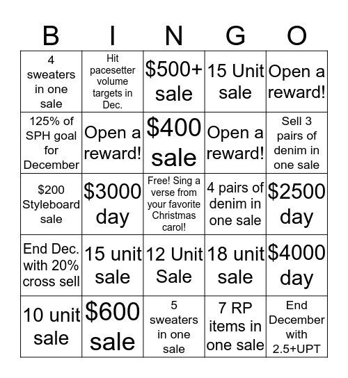 YC/Topshop Holiday Bingo Card