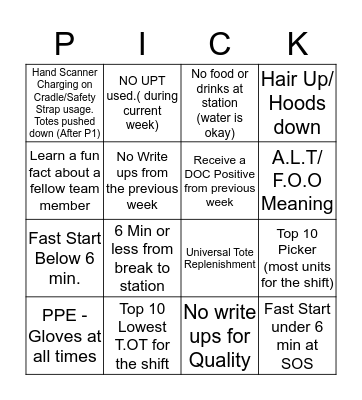 DTW1 PEAK Bingo Card