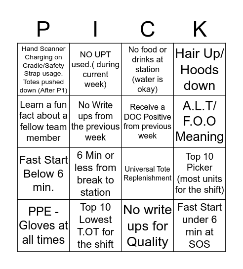 DTW1 PEAK Bingo Card